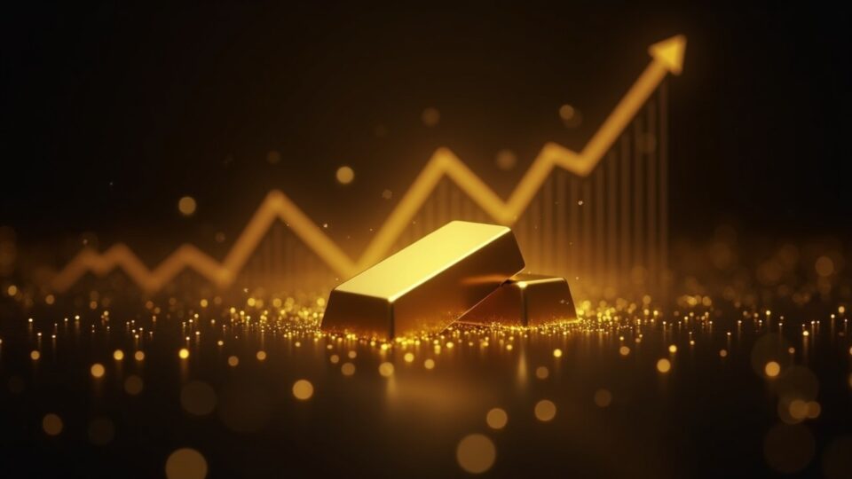 Photorealistic header with a centered gold bar, a blockchain network overlay, and rising liquidity graphs.