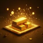 Gold bars and a coin with a glowing blockchain overlay and a tablet displaying on-chain trades.