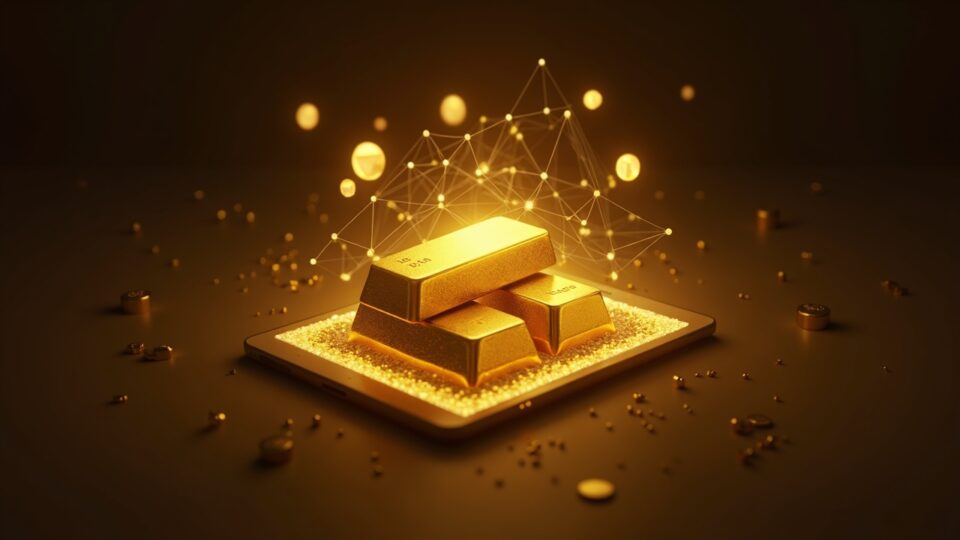 Gold bars and a coin with a glowing blockchain overlay and a tablet displaying on-chain trades.