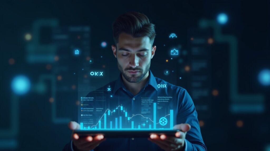 Photorealistic trader views crypto and tokenized stock charts on holographic screens with Binance and OKX logos.