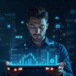 Photorealistic trader views crypto and tokenized stock charts on holographic screens with Binance and OKX logos.