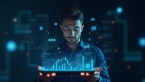 Photorealistic trader views crypto and tokenized stock charts on holographic screens with Binance and OKX logos.