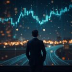 Suited trader beside a glowing digital ledger with tokens flowing instantly on blockchain rails.