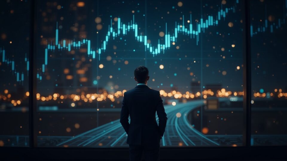 Suited trader beside a glowing digital ledger with tokens flowing instantly on blockchain rails.