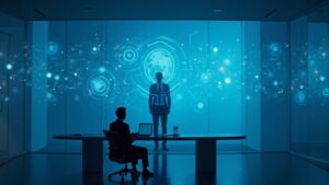 Futuristic analyst at a desk with holographic blockchains; glass wall shows a shadowy government figure, blue lighting.