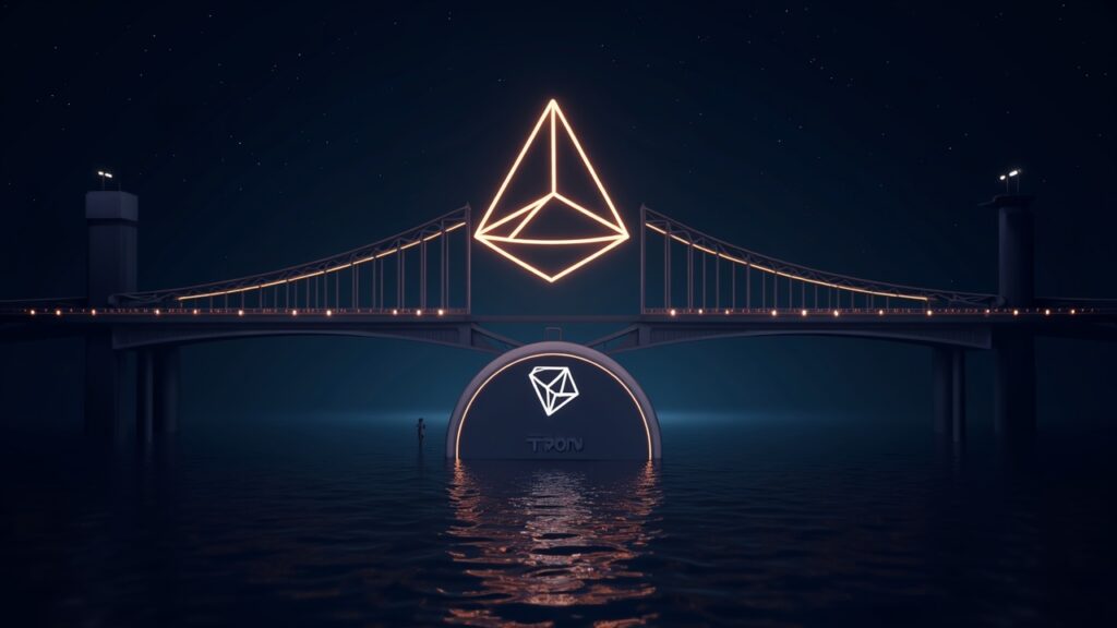 TRON and River logos linked by a glowing cross-chain bridge over a central stablecoin vault.