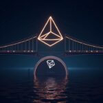 TRON and River logos linked by a glowing cross-chain bridge over a central stablecoin vault.