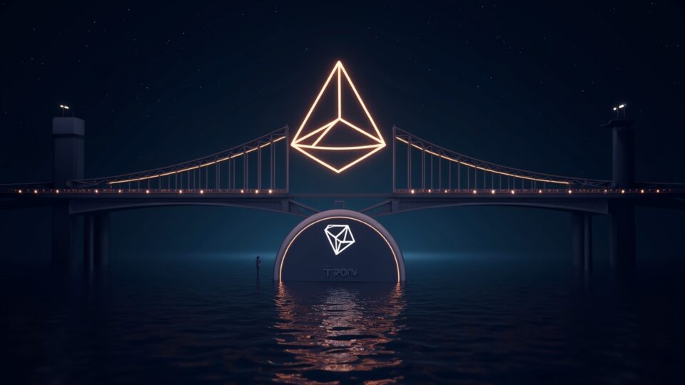 TRON and River logos linked by a glowing cross-chain bridge over a central stablecoin vault.
