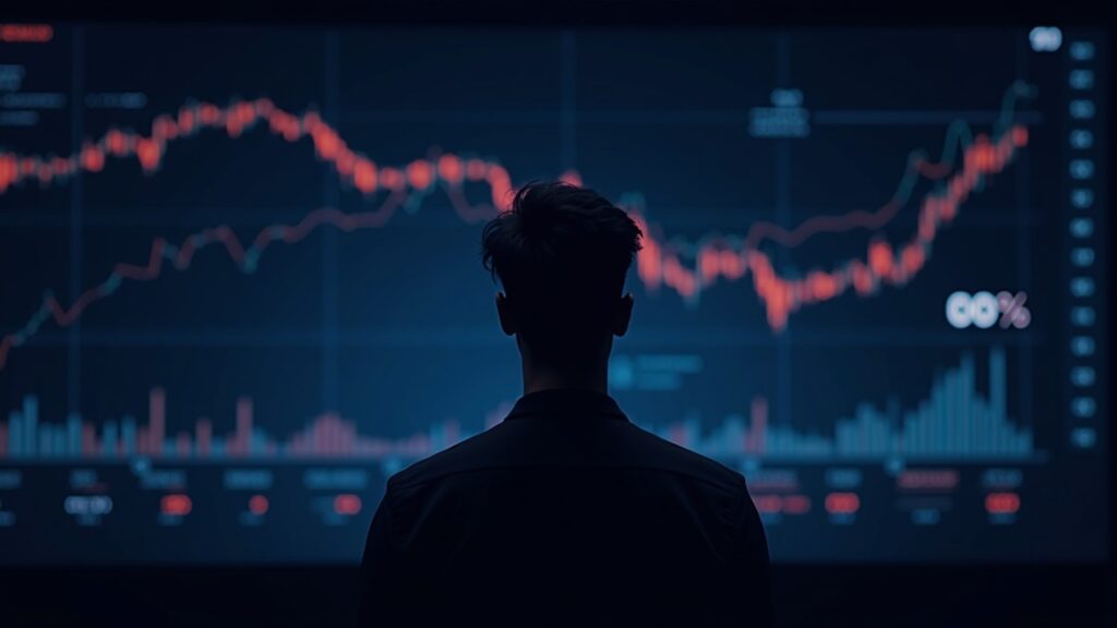 A crypto trader stands at a market screen showing odds from near 0% to 80% with Chainlink and UMA logos and governance cues.