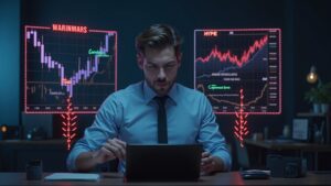 Photorealistic crypto investor at a desk with Solana and HYPE charts, red warning arrows signaling liquidity disruption