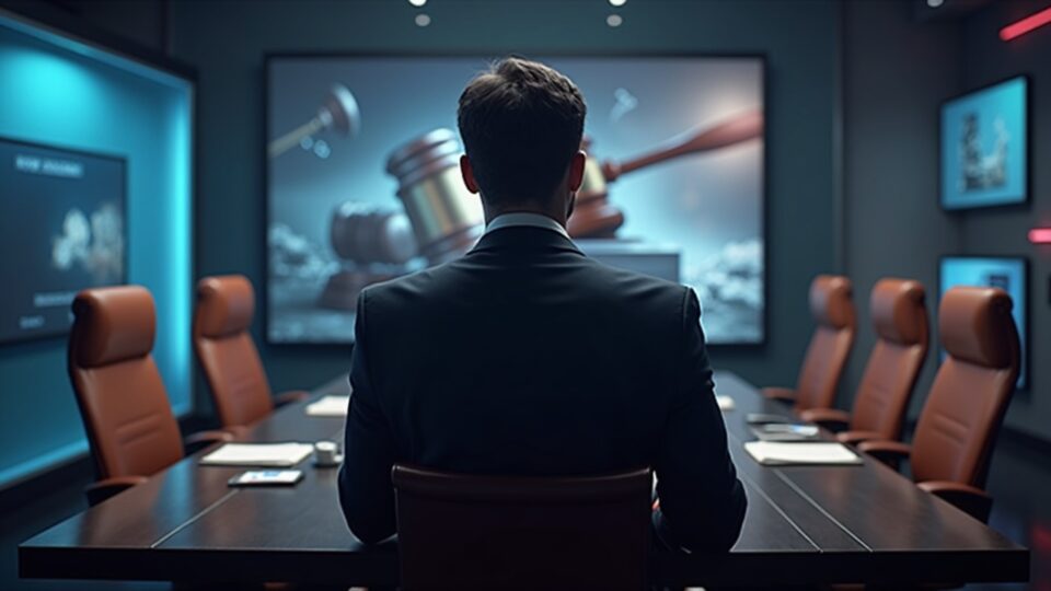 Photorealistic investor watches TROVE price collapse after Solana pivot; split screen with Hyperliquid to Solana and a gavel.