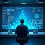 Analyst at a desk with holo-screen showing legacy Solidity code and infinite mint, tokens flooding a liquidity pool.