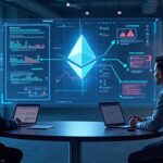 Futuristic newsroom showing an analyst, Ethereum glyph, Truebit diagram, and a red alert badge for on/off-chain breach.