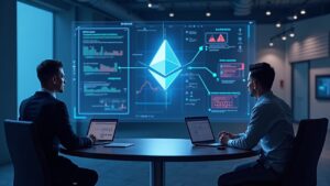 Futuristic newsroom showing an analyst, Ethereum glyph, Truebit diagram, and a red alert badge for on/off-chain breach.