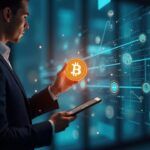 Photorealistic shareholder in a modern newsroom watches a glowing holographic non-tradable token rise from a blockchain grid.