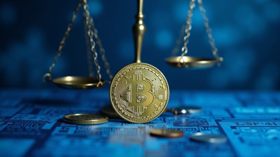 Photorealistic Trump meme coin on Solana with regulatory scales and a blue newsroom grid signaling policy uncertainty.