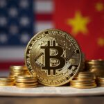 Photorealistic US flag backdrop with Bitcoin as a shield, alongside legal documents and digital asset stockpile icons.