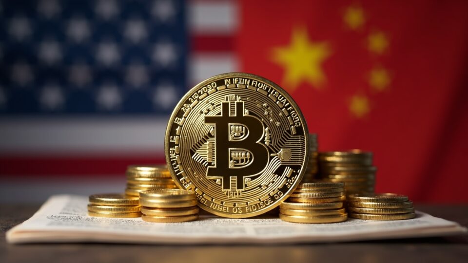 Photorealistic US flag backdrop with Bitcoin as a shield, alongside legal documents and digital asset stockpile icons.