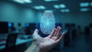 Photorealistic UK government office with a biometric fingerprint dissolving into particles, signaling optional digital ID.
