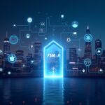 Futuristic London skyline with a glowing crypto licensing gateway and an FSMA portal, symbolizing UK crypto regulation.