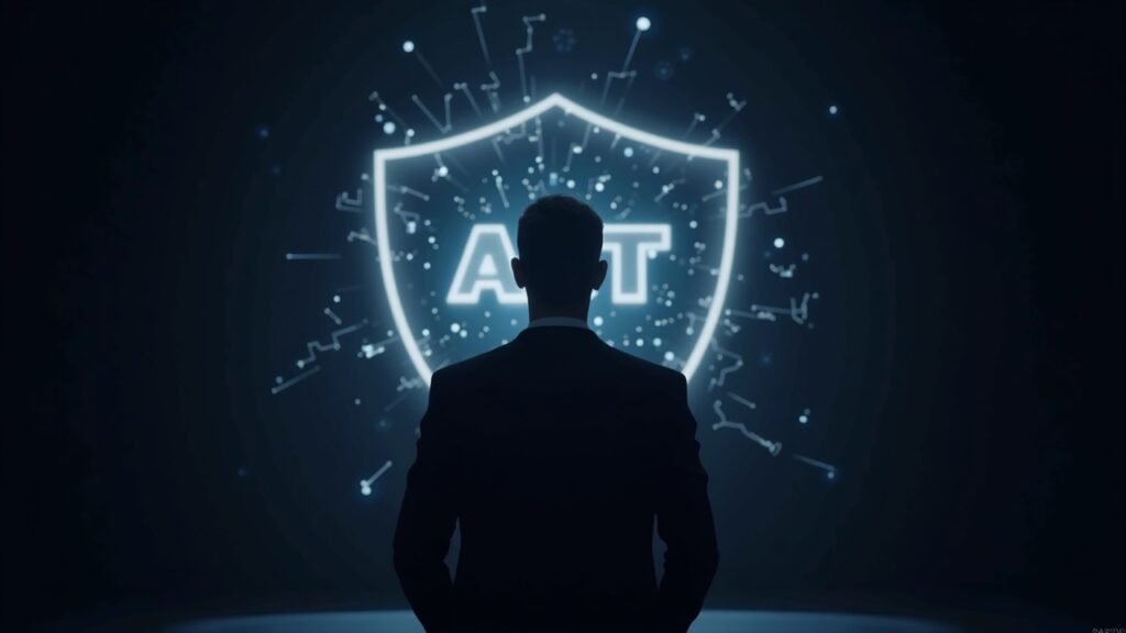 Analyst with a glowing CLARITY Act hologram, DeFi protocols in the background and a fractured shield.