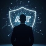 Analyst with a glowing CLARITY Act hologram, DeFi protocols in the background and a fractured shield.