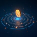 Photorealistic header: central USD1 hologram over a Dolomite DeFi lending interface with blue-gold blockchain threads.