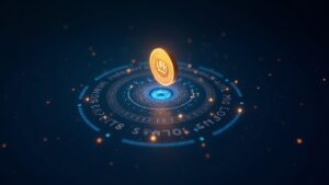 Photorealistic header: central USD1 hologram over a Dolomite DeFi lending interface with blue-gold blockchain threads.