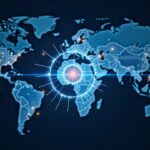 Photoreal USDC symbol centered, bridging traditional payment networks and open rails, with digital networks and a world map in the background.