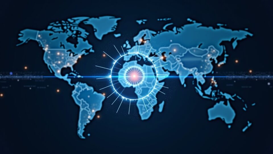 Photoreal USDC symbol centered, bridging traditional payment networks and open rails, with digital networks and a world map in the background.