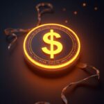 Glowing USDCx token on Aleo with zk-SNARK ribbons and a business figure, signaling private, interoperable stablecoin access.