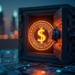 Photorealistic glowing USD token on a digital ledger inside a secure UAE vault with the Abu Dhabi skyline.