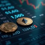 Photorealistic header: Bitcoin and Ethereum logos above the London Stock Exchange, a regulatory seal and staking cues.