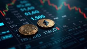 Photorealistic header: Bitcoin and Ethereum logos above the London Stock Exchange, a regulatory seal and staking cues.