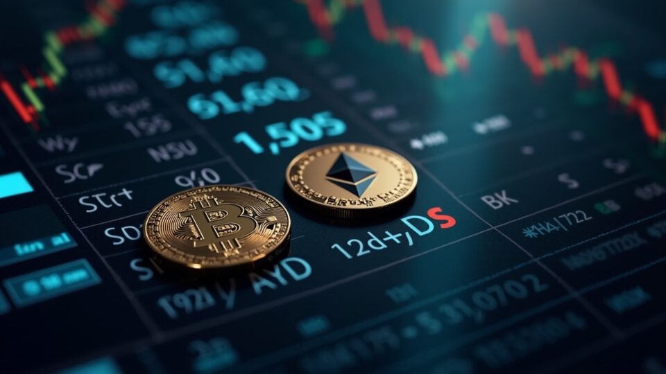 Photorealistic header: Bitcoin and Ethereum logos above the London Stock Exchange, a regulatory seal and staking cues.