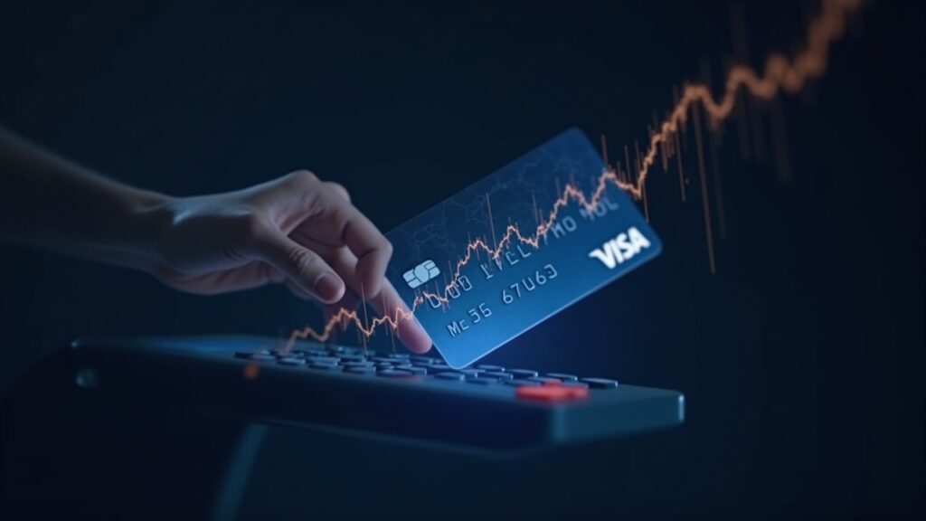 Center-shot crypto card with Visa-style logo tapped at a POS, with holographic blockchain visuals and rising charts behind.