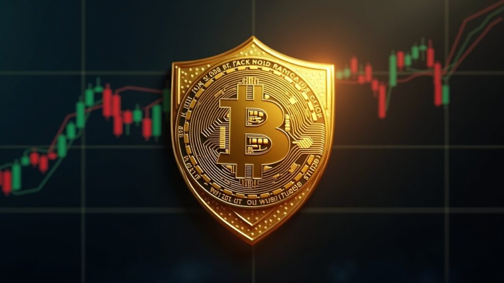 Photorealistic Wall Street trading scene with Bitcoin and gold ETF icons morphing into one, wrapped in a regulatory shield.