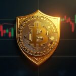 Photorealistic Wall Street trading scene with Bitcoin and gold ETF icons morphing into one, wrapped in a regulatory shield.