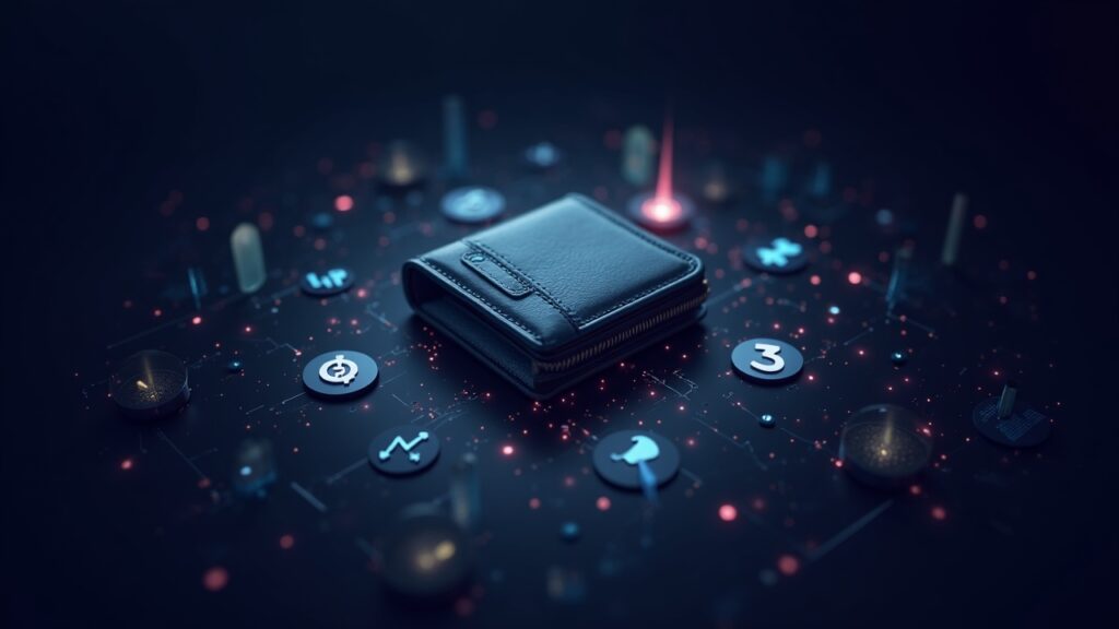 Photorealistic wallet at center with glowing DeFi icons and rising revenue charts, illustrating Web3 shift to wallets/dapps.