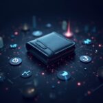 Photorealistic wallet at center with glowing DeFi icons and rising revenue charts, illustrating Web3 shift to wallets/dapps.