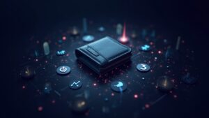 Photorealistic wallet at center with glowing DeFi icons and rising revenue charts, illustrating Web3 shift to wallets/dapps.