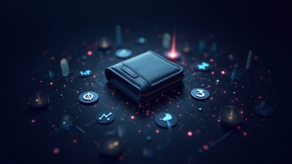 Photorealistic wallet at center with glowing DeFi icons and rising revenue charts, illustrating Web3 shift to wallets/dapps.