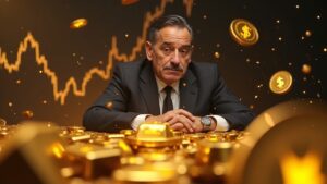 A colossal whale investor watches glowing tokenized gold bars, with a rising price chart and orbiting digital gold tokens.