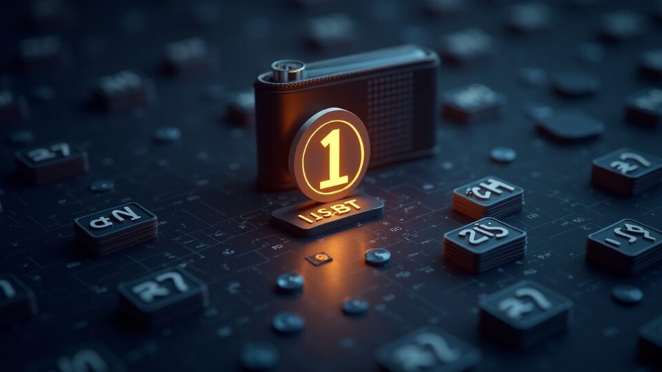 Center-focused scene of a large wallet towering over many small addresses with a glowing USD1 token and a governance chart.