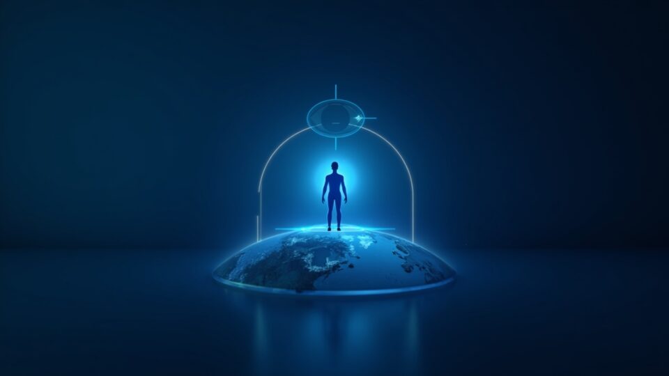 Person with iris-scan hologram over a globe, Worldcoin and World ID logos in a blue crypto newsroom.