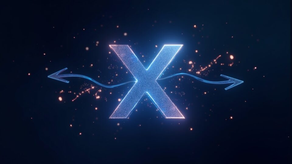 Photoreal crypto newsroom: X blocks glowing token network amid AI slop shards and arrows to Threads and Bluesky.