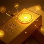 Close-up of a gold bar with a translucent token overlay, 24/7 trading UI, digital glow, and regulatory icons.