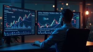 Photorealistic crypto newsroom; analyst centered; XLM price, on-chain flow, and divergence near 0.210-0.230.