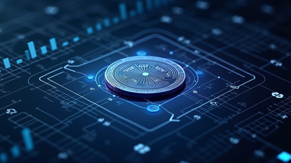 Photoreal XRP coin centered on a high-tech trading desk with mirrored liquidation arrows, neon-grid backdrop, price 2.12.
