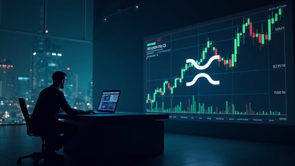 Analyst at a sleek desk with XRP logo on screen, price chart showing an inverse head-and-shoulders pattern.